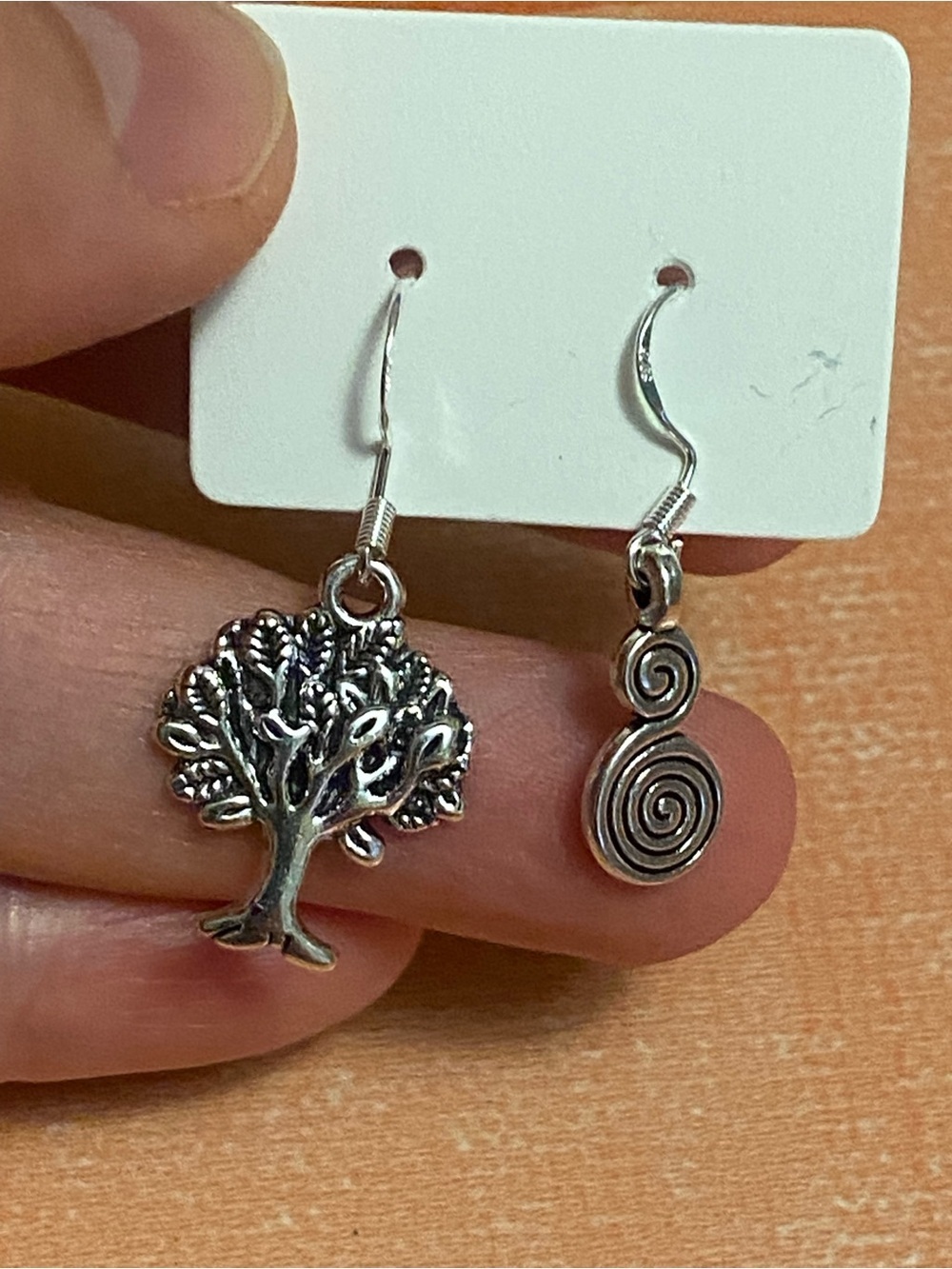 Silver Tree & Spiral Dangle Earrings - Silver Tone